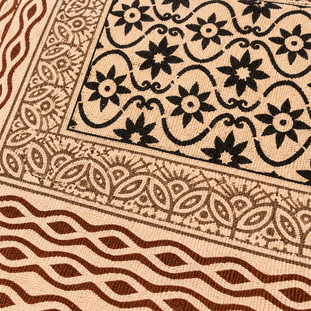 Rust brown and Grey geometric wave Hand Block Printed Jute Rug