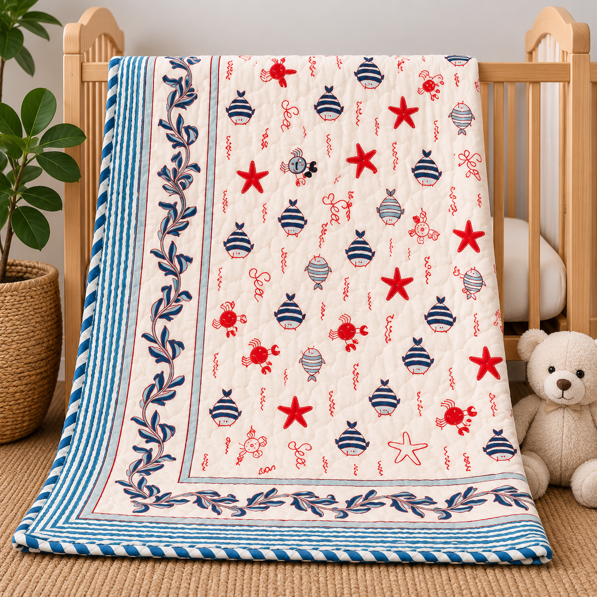 Blue fish & Red star Hand Block Baby Quilt