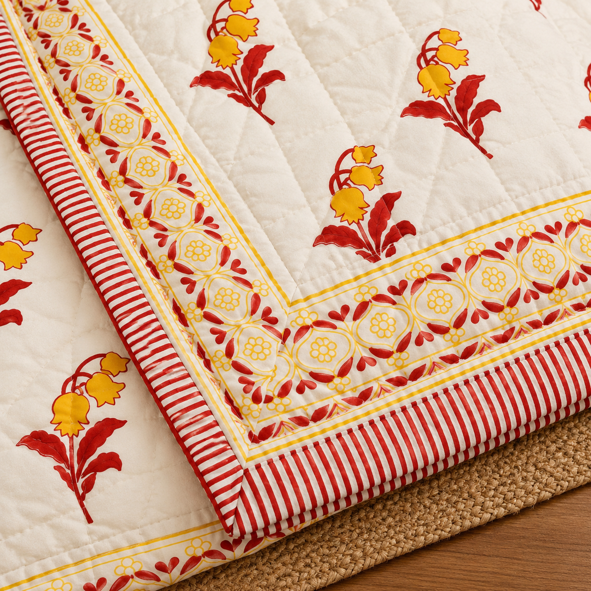 Red Floral Hand Block Quilt/ Razai