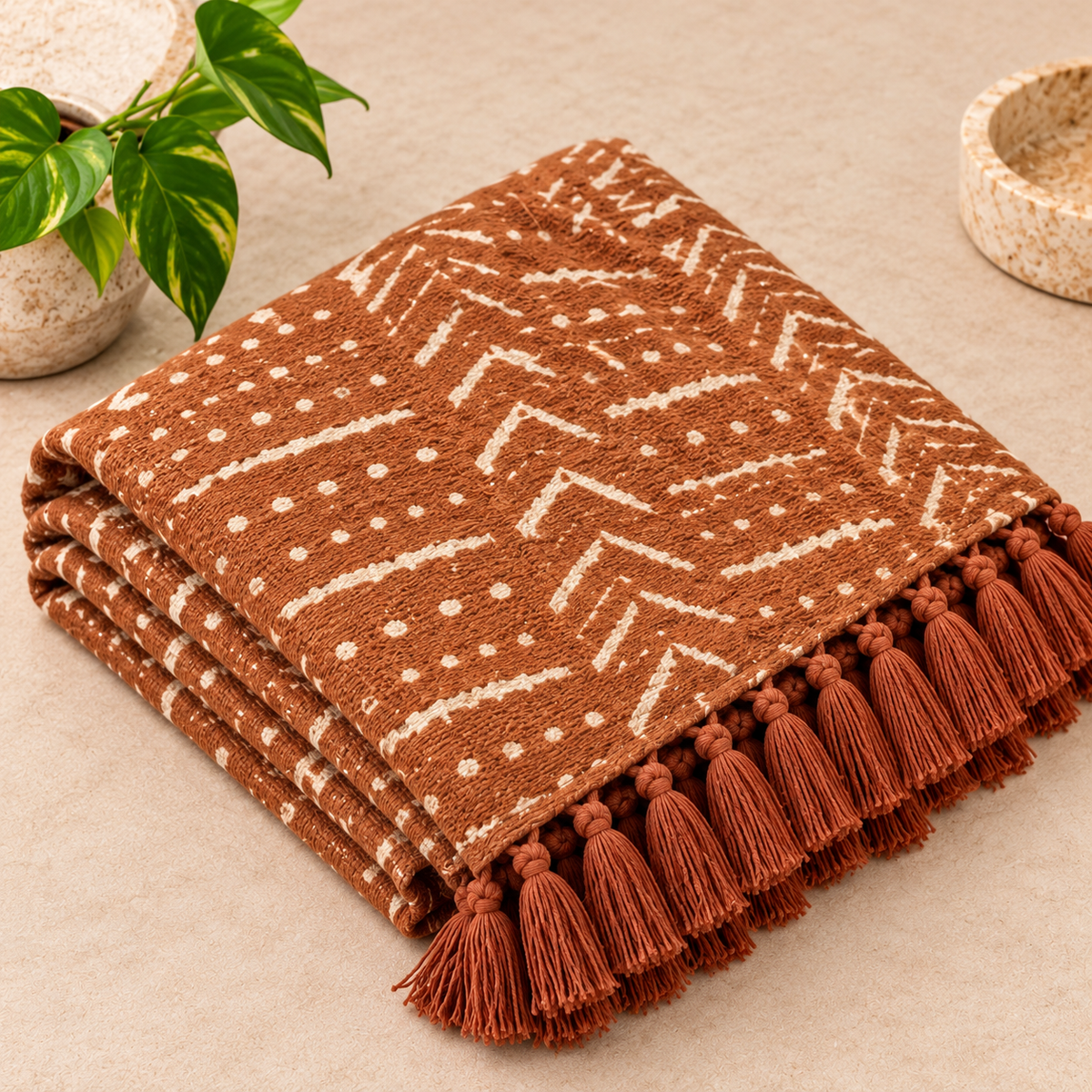 Rust Orange Chevron Stripes Jute Fabric Hand Block Sofa Throw