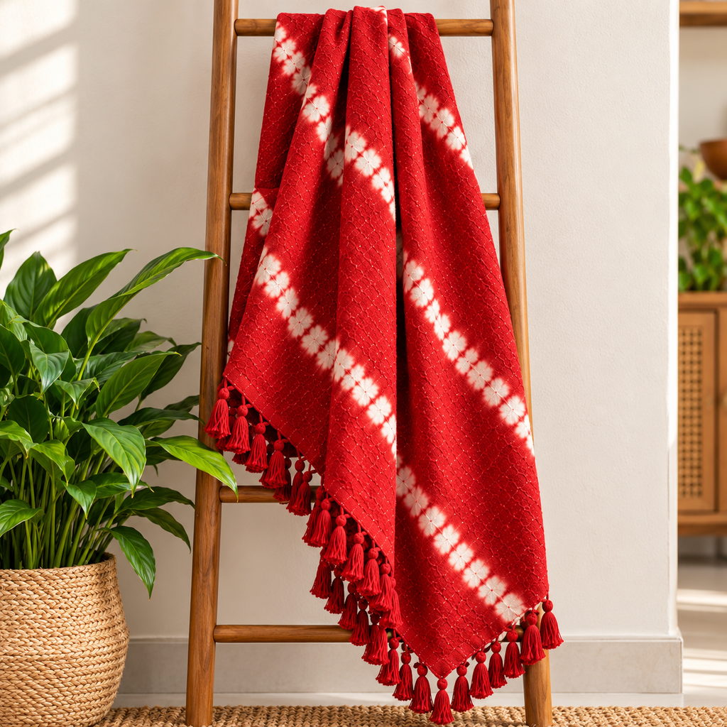 Red Jute Fabric Hand Block Sofa Throw