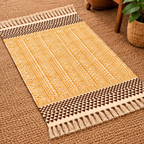 Mustard Yellow Tribal Geometric Pattern Hand Block Printed Jute Rug