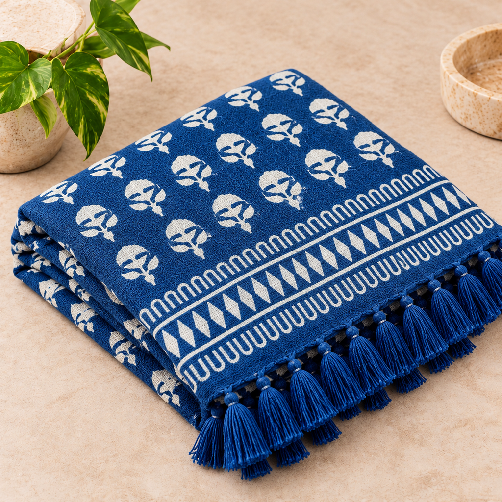 Blue & White Floral Buti Jute Fabric Hand Block Sofa Throw
