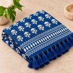 Blue & White Floral Buti Jute Fabric Hand Block Sofa Throw