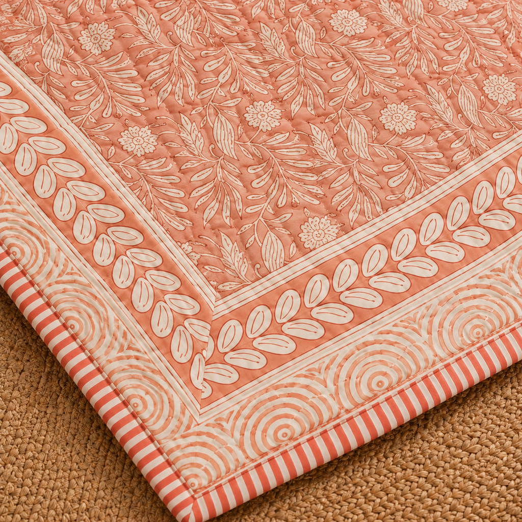 Melon Peach Floral Leaf Hand Block Bedsheet & Quilt/ Razai Set - Hand Block Printed