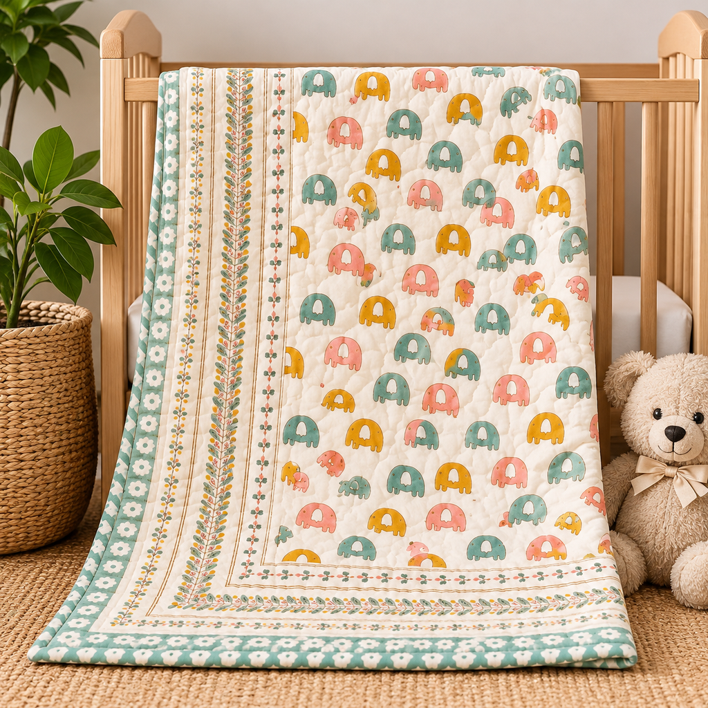 Baby Elephant Hand Block Baby Quilt