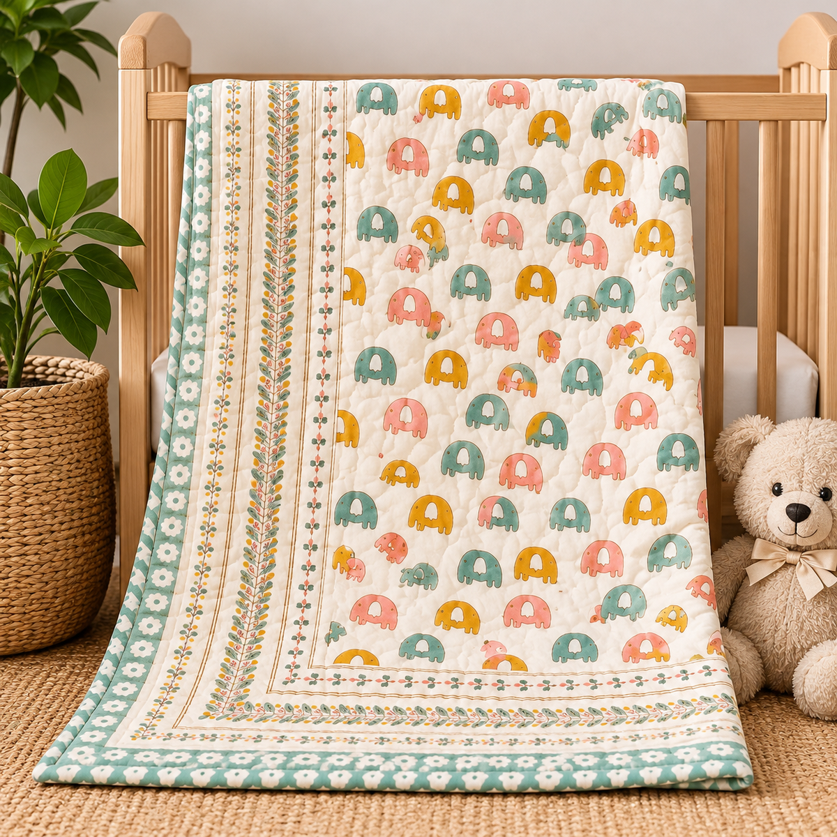 Baby Elephant Hand Block Baby Quilt