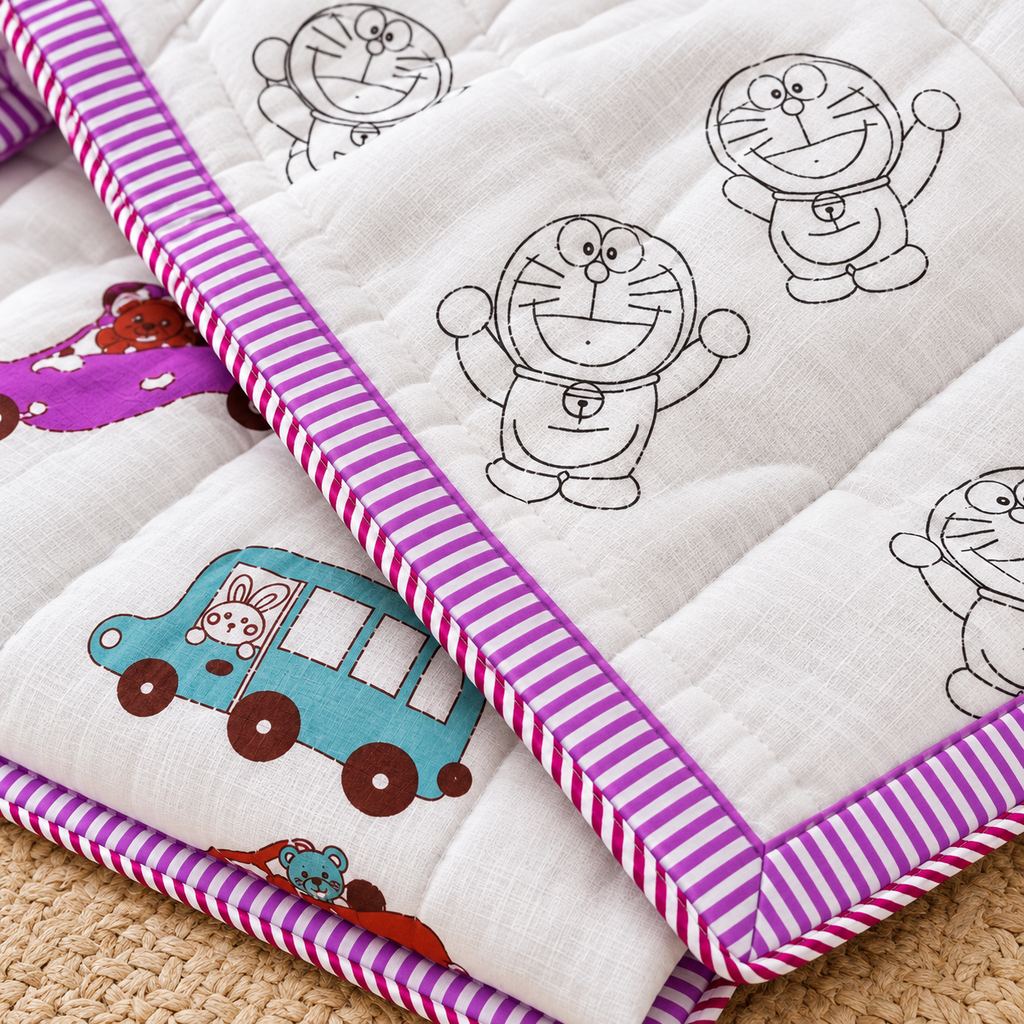 Pink ,Blue & Brown Car Patterns Hand Block Quilt/ Razai