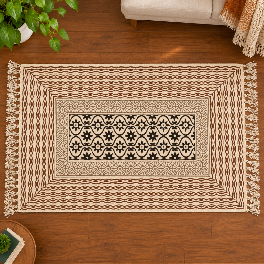 Rust brown and Grey geometric wave Hand Block Printed Jute Rug