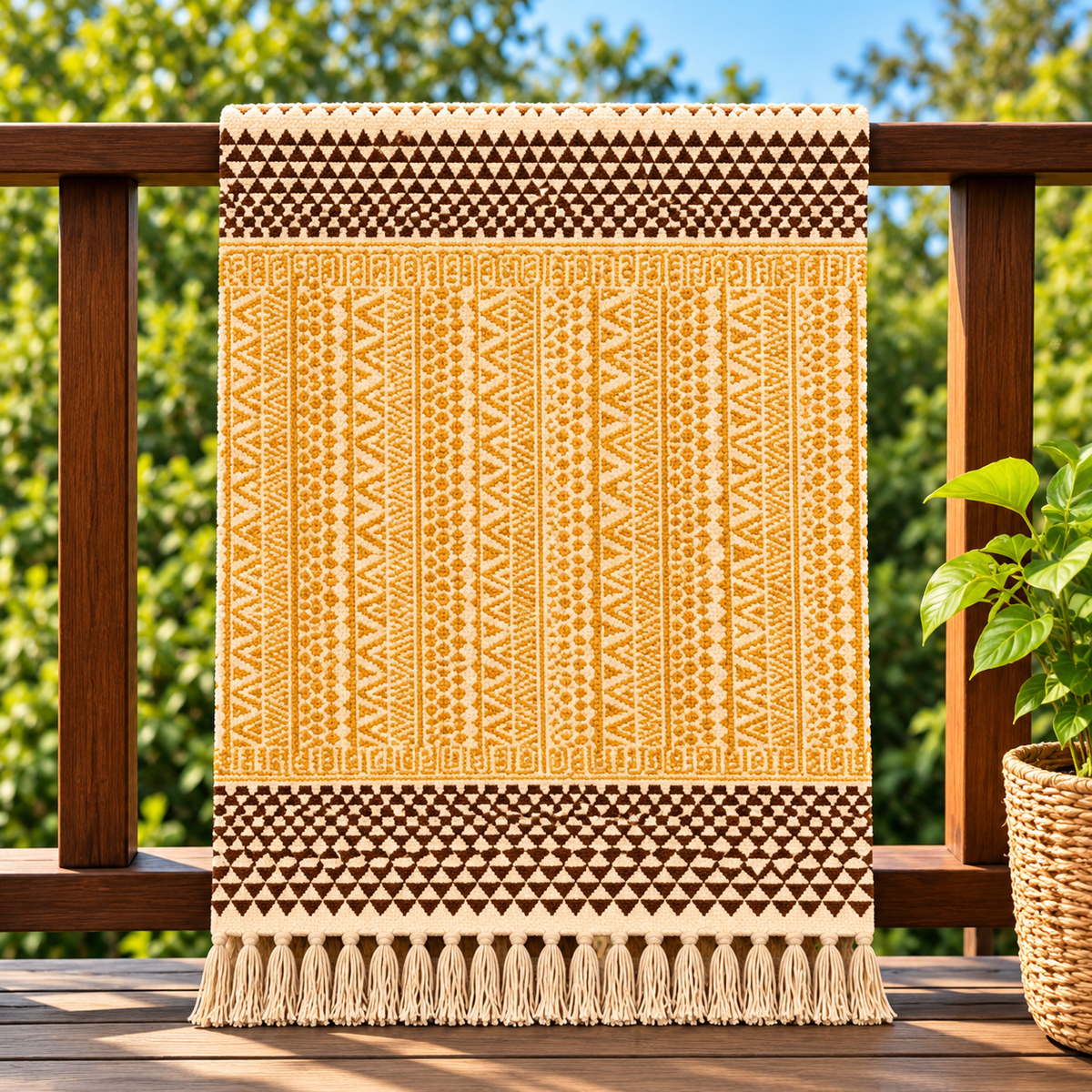 Mustard Yellow Tribal Geometric Pattern Hand Block Printed Jute Rug