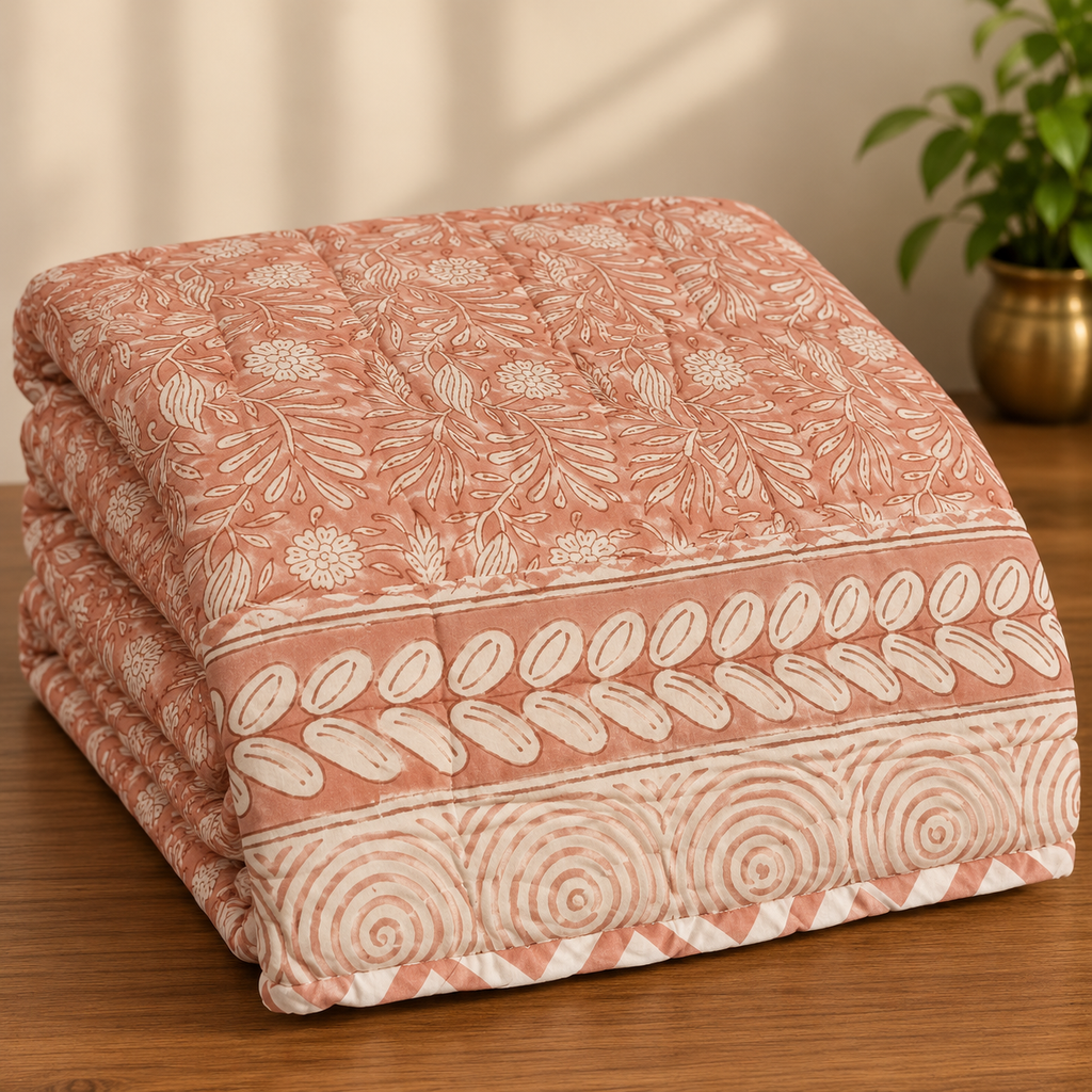 Melon Peach Floral Leaf Hand Block Bedsheet & Quilt/ Razai Set - Hand Block Printed