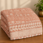 Melon Peach Floral Leaf Hand Block Bedsheet & Quilt/ Razai Set - Hand Block Printed