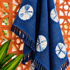 Indigo Blue circular Floral Jute Fabric Hand Block Sofa Throw