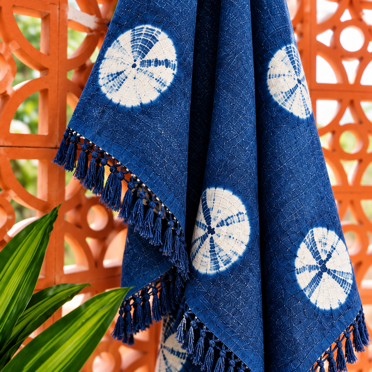 Indigo Blue circular Floral Jute Fabric Hand Block Sofa Throw