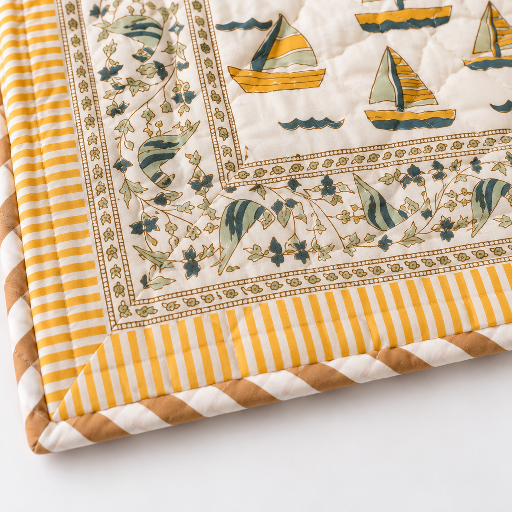 Boat Design Hand Block Baby Quilt