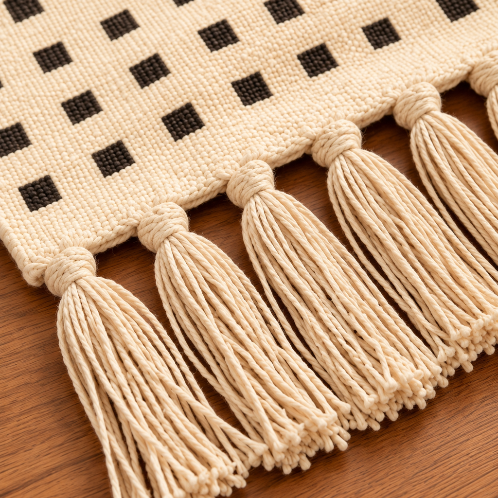 Black and Ivory Small Square Floral  Hand Block Printed Jute Rug