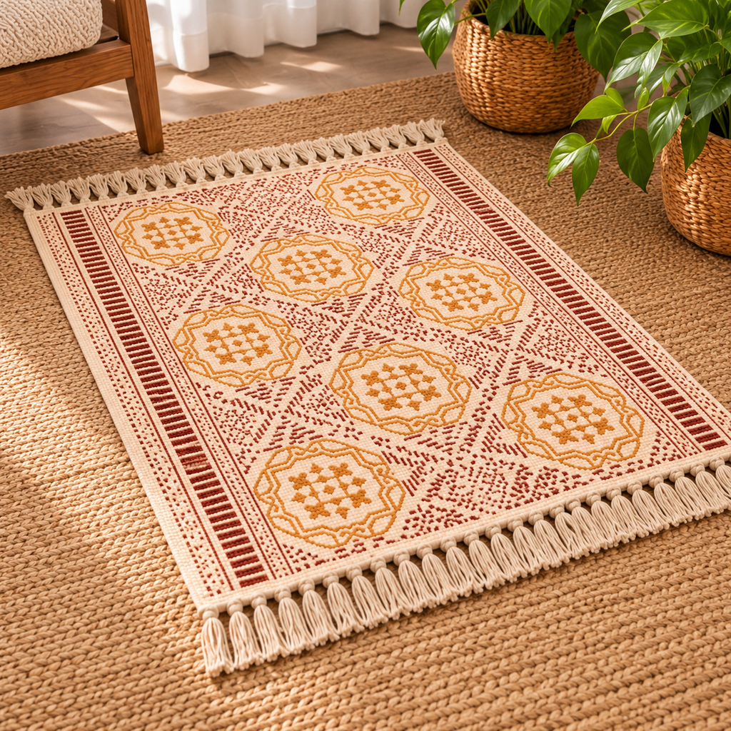 Mustard Yellow and maroon circular pattern Hand Block Printed Jute Rug