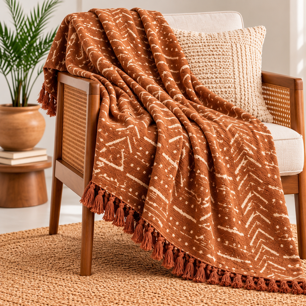 Rust Orange Chevron Stripes Jute Fabric Hand Block Sofa Throw