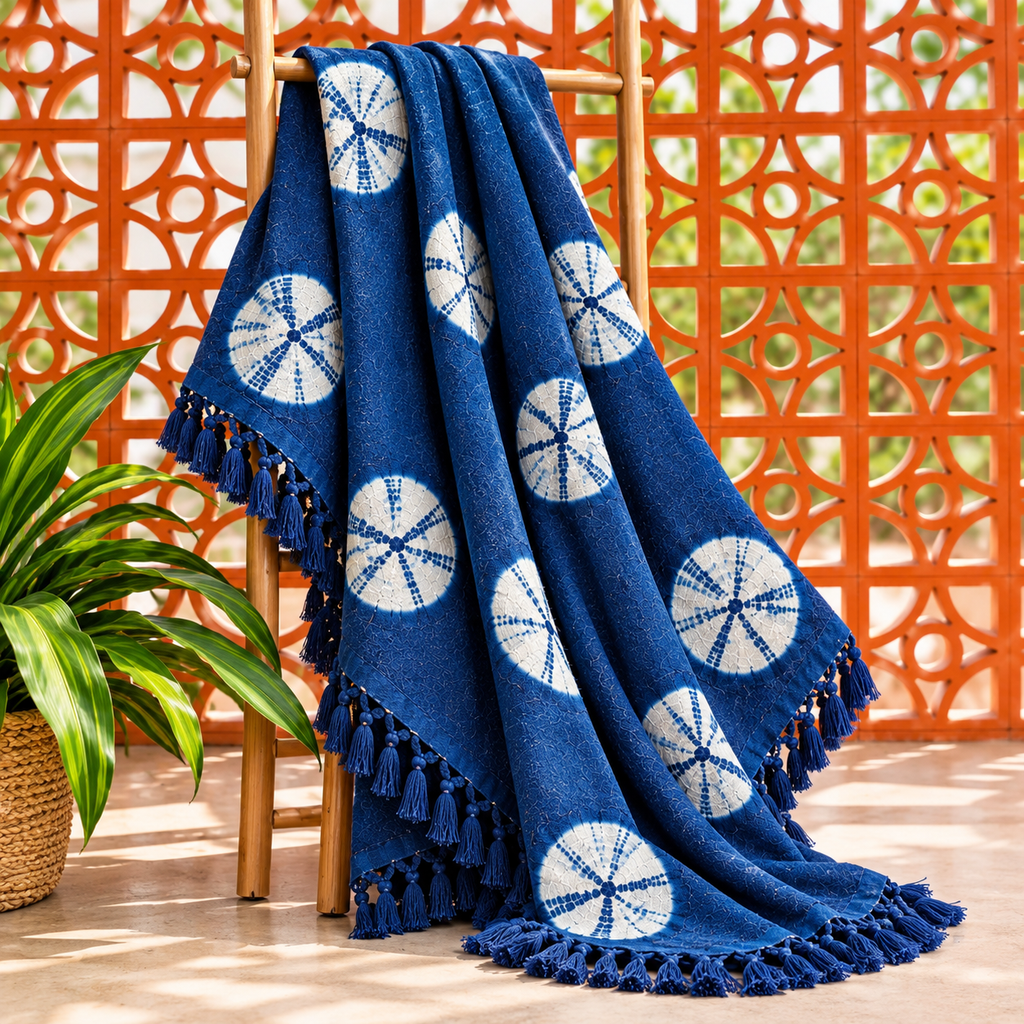 Indigo Blue circular Floral Jute Fabric Hand Block Sofa Throw