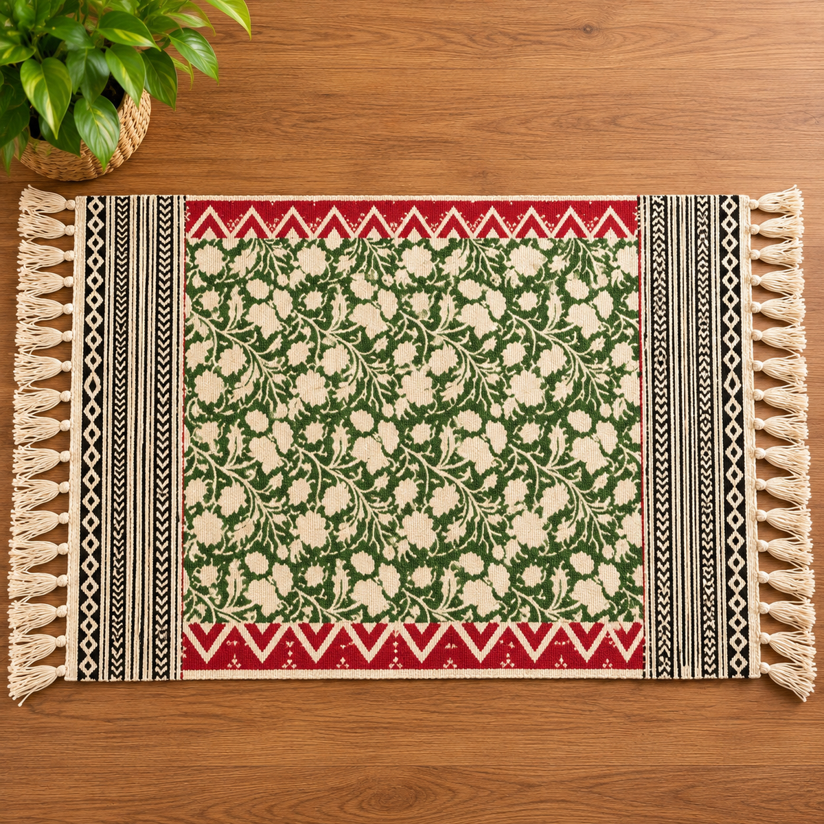 Green and red zig zag borders floral vine Hand Block Printed Jute Rug