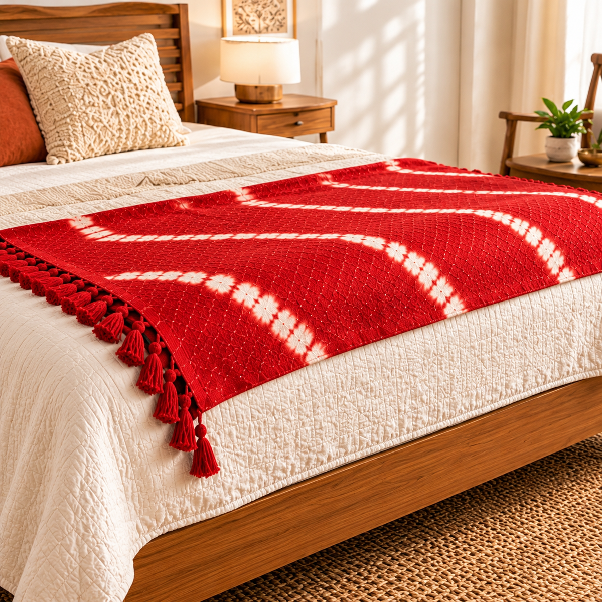 Red Jute Fabric Hand Block Sofa Throw