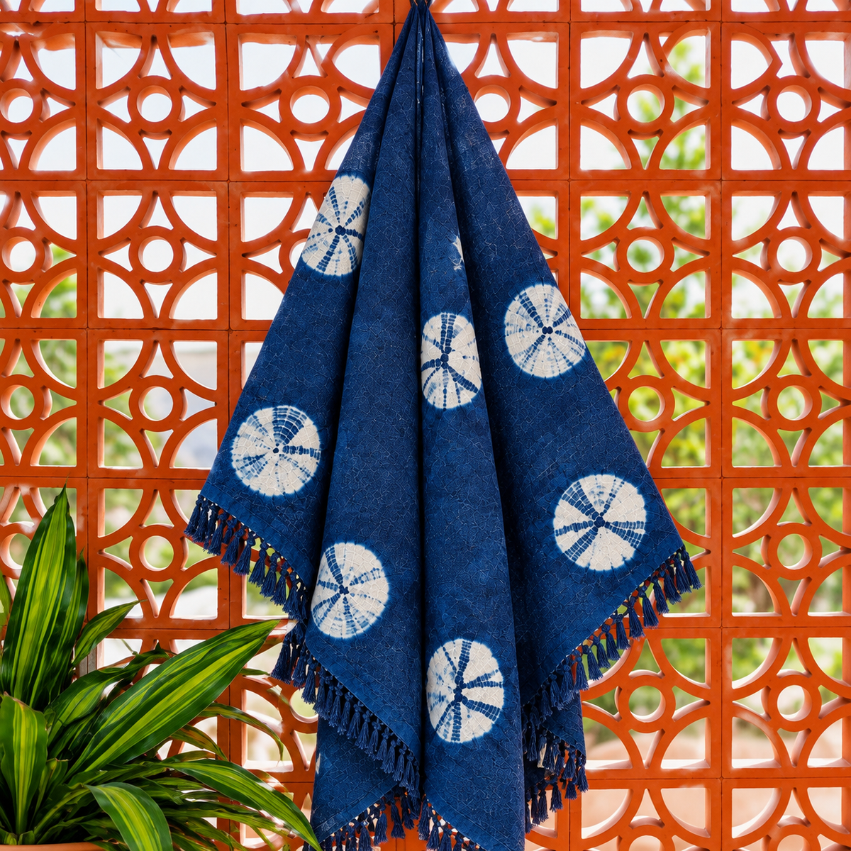 Indigo Blue circular Floral Jute Fabric Hand Block Sofa Throw