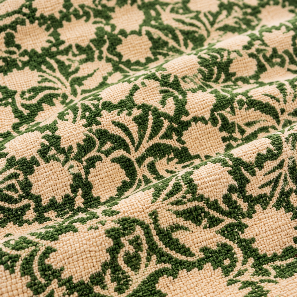 Green and red zig zag borders floral vine Hand Block Printed Jute Rug