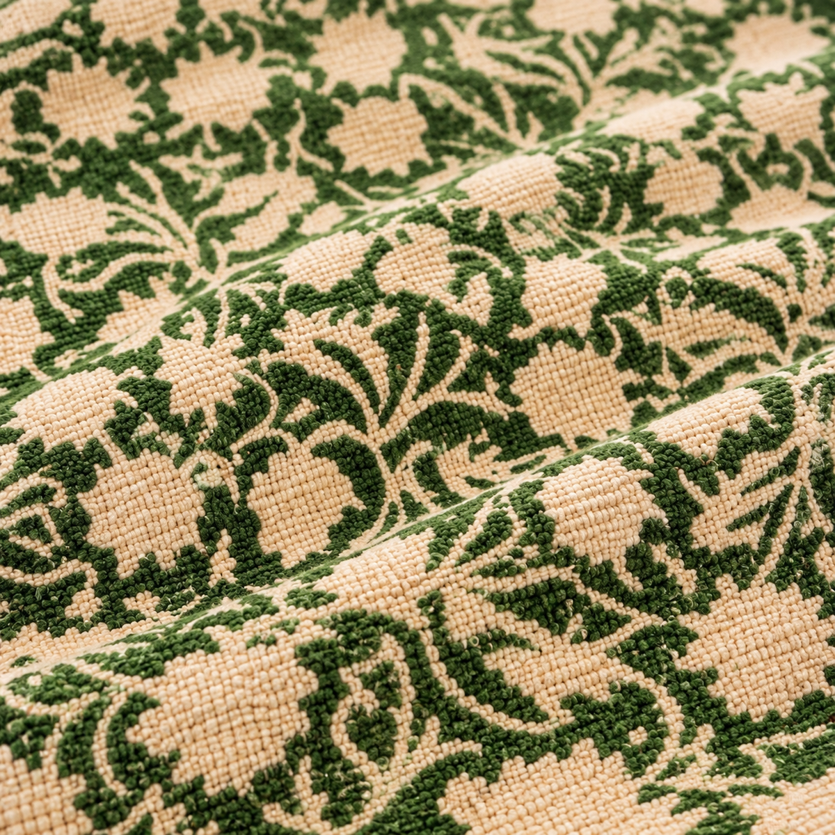 Green and red zig zag borders floral vine Hand Block Printed Jute Rug