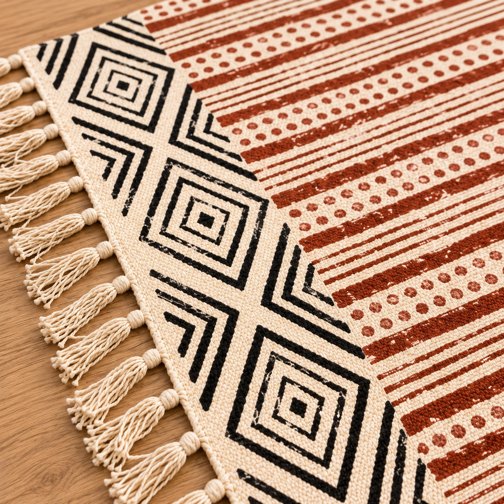 Clay red and Terracotta Brown Striped Hand Block Printed Jute Rug