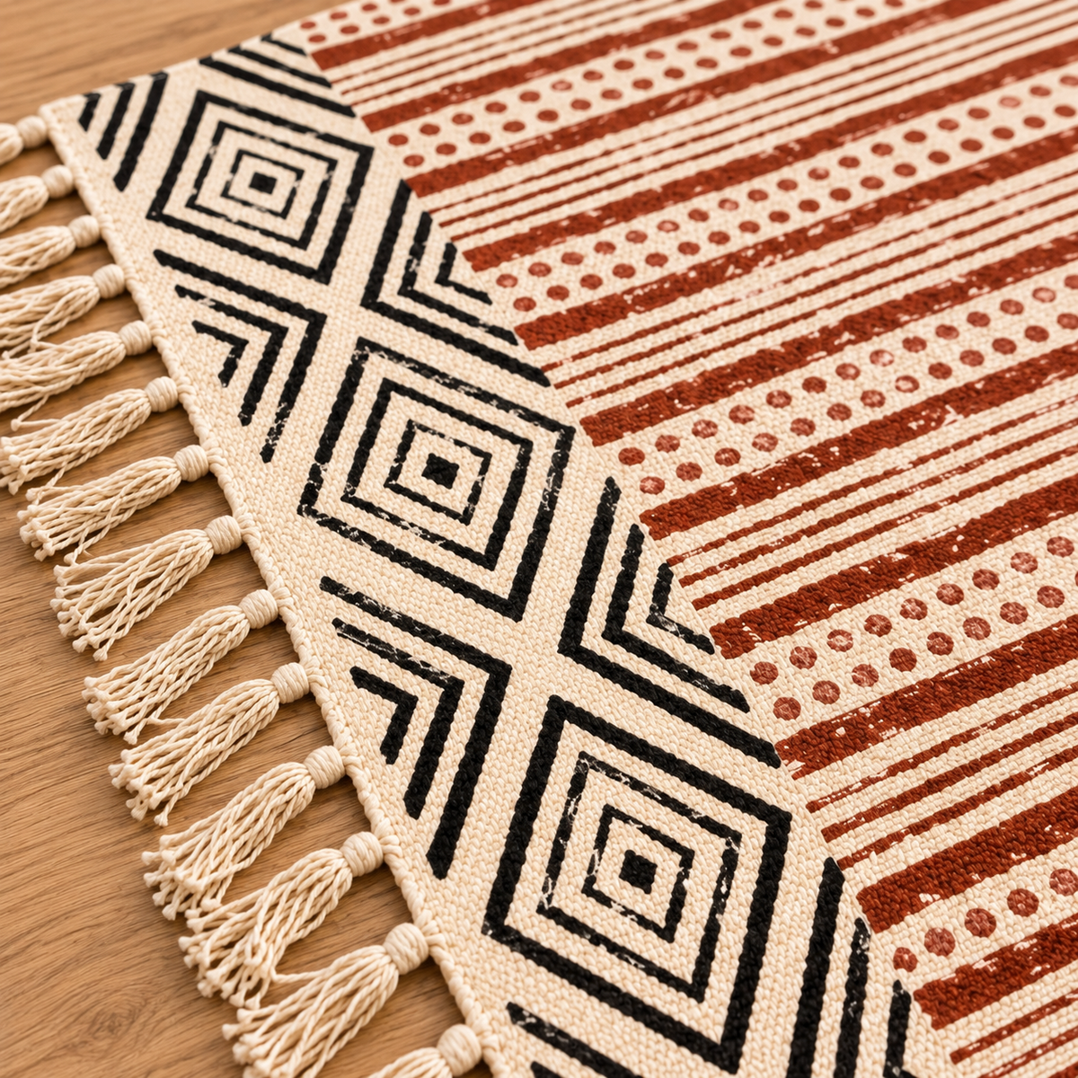 Clay red and Terracotta Brown Striped Hand Block Printed Jute Rug