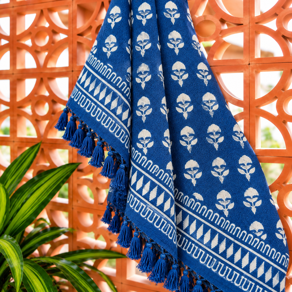 Blue & White Floral Buti Jute Fabric Hand Block Sofa Throw