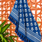 Blue & White Floral Buti Jute Fabric Hand Block Sofa Throw