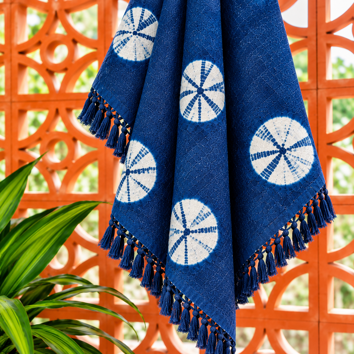 Indigo Blue circular Floral Jute Fabric Hand Block Sofa Throw