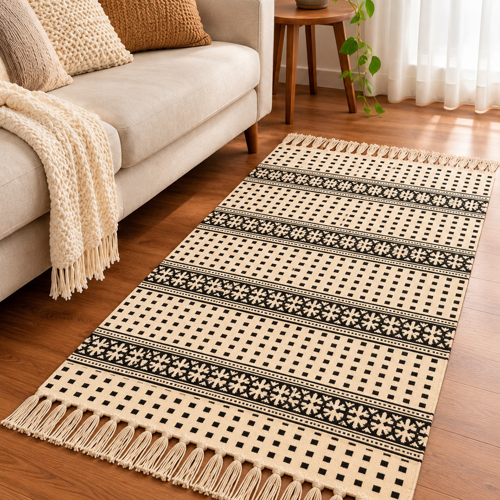Black and Ivory Small Square Floral  Hand Block Printed Jute Rug