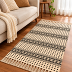Black and Ivory Small Square Floral  Hand Block Printed Jute Rug