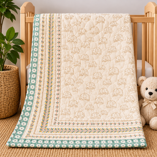 Baby Elephant Hand Block Baby Quilt