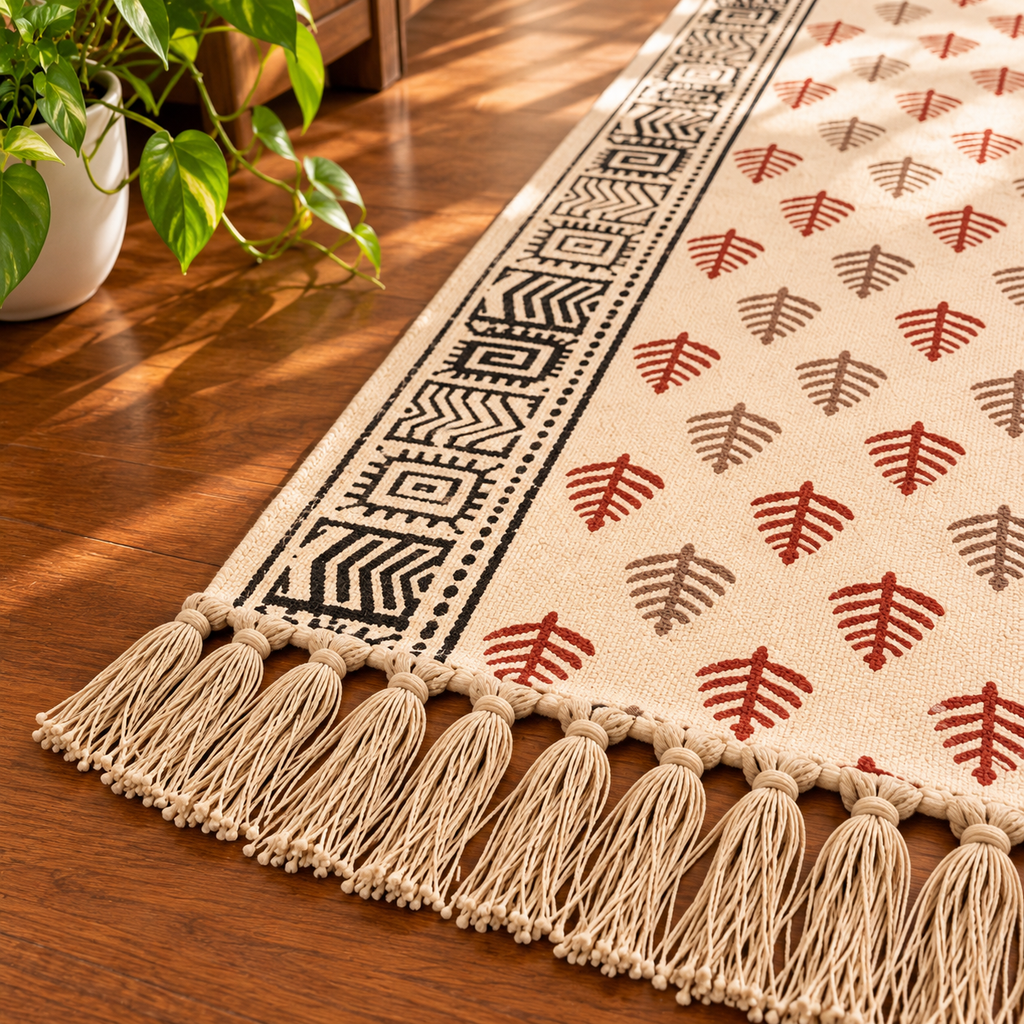 Red and Ivory Motifs Leaf Rugs Hand Block Printed
