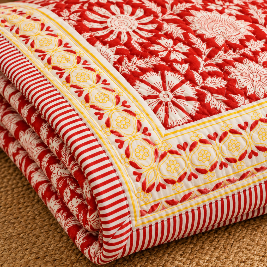 Red Floral Hand Block Quilt/ Razai