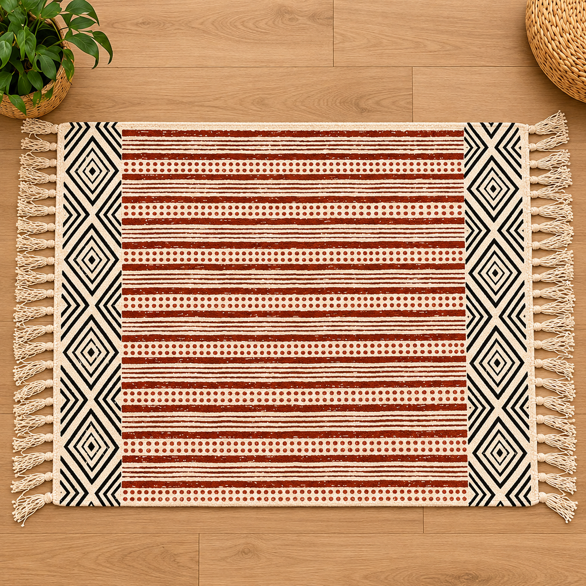 Clay red and Terracotta Brown Striped Hand Block Printed Jute Rug