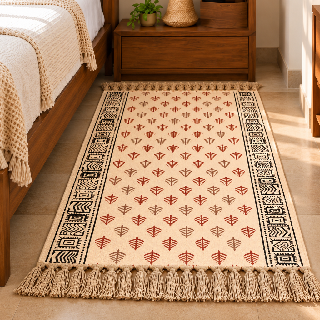 Red and Ivory Motifs Leaf Rugs Hand Block Printed