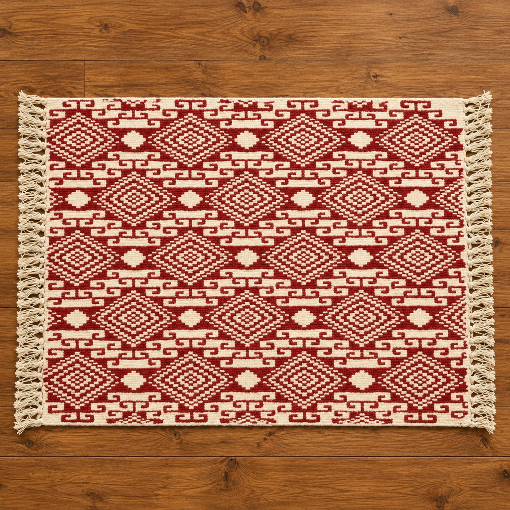 Deep Red Diamond Geometric Hand Block Printed Jute Rug