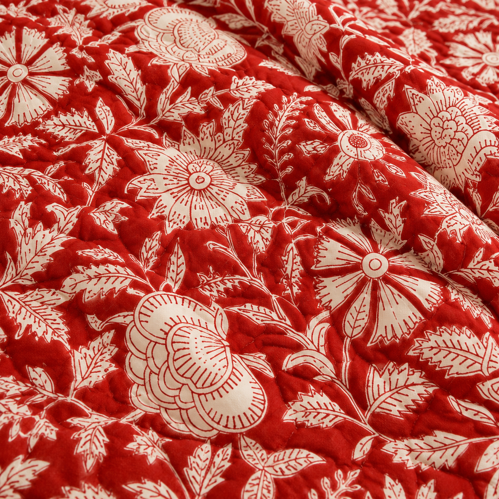 Red Floral Hand Block Quilt/ Razai