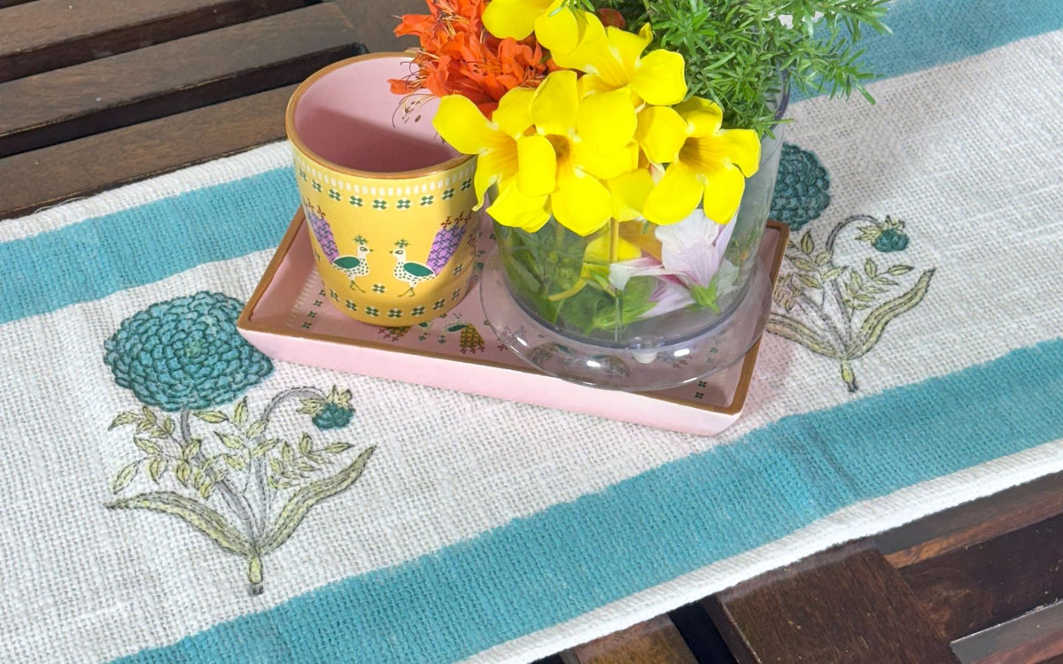 Blue Flower Jaal Hand Block Printed Jute Table Runner