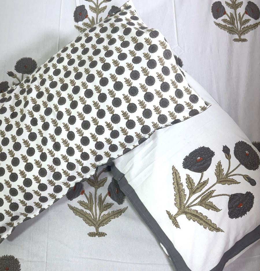 Grey Marigold Hand Block Bedsheet with 2 Pillow Cover Set - 220TC