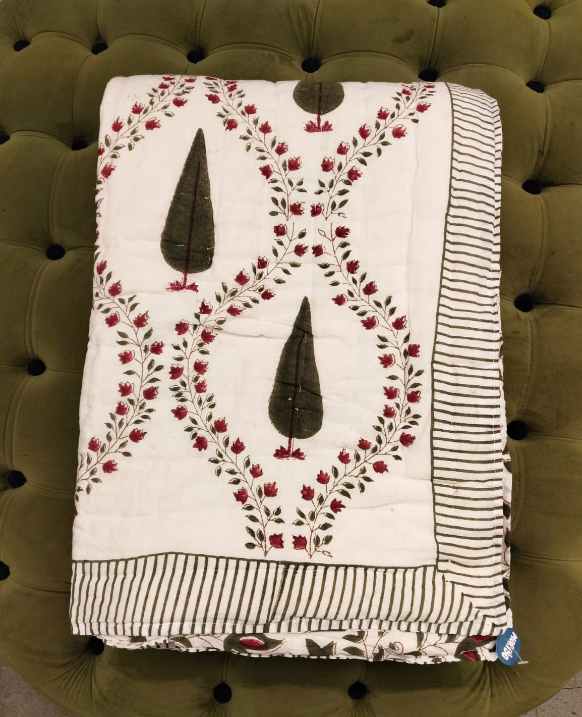 Green & Maroon Tree of Life Patterns Hand Block Quilt/ Razai