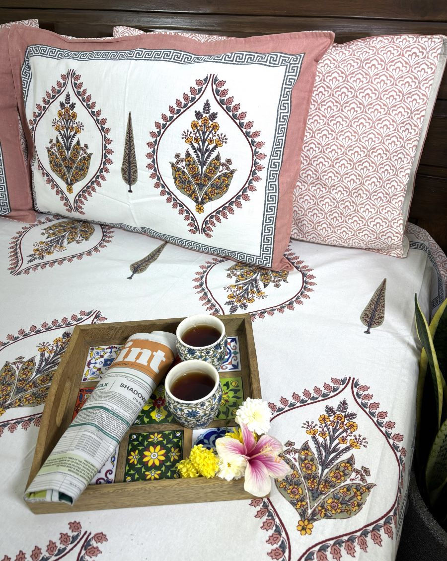 Mustard Lily of Valleys Hand Block Bedsheet with 2 Pillow Cover Set - 220TC
