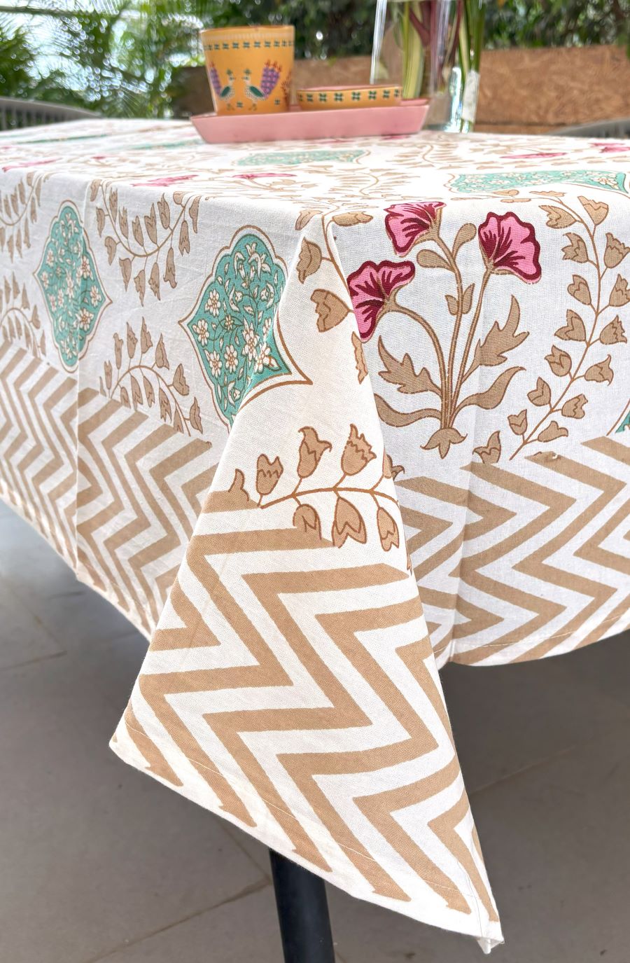Pink Hibiscus on Gold Hand Block Rectangle  Table Cover / Cloth