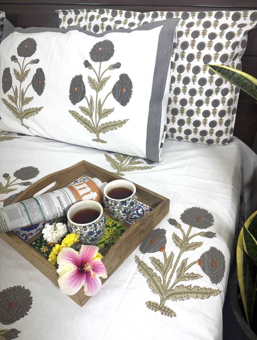 Grey Marigold Hand Block Bedsheet with 2 Pillow Cover Set - 220TC