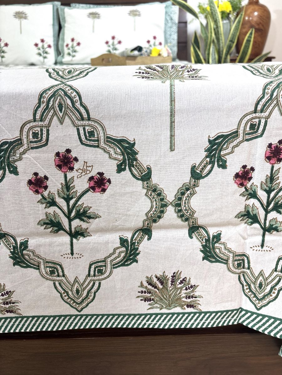 Green Lilly Flower Jaal  Hand Block Bedsheet with 2 Pillow Cover Set - 220TC