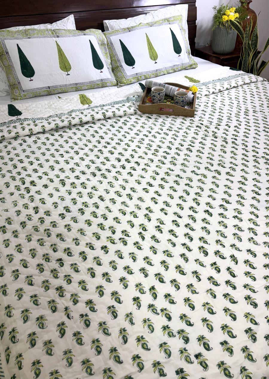 Green Tree Motif Patterns Hand Block Quilt/ Razai
